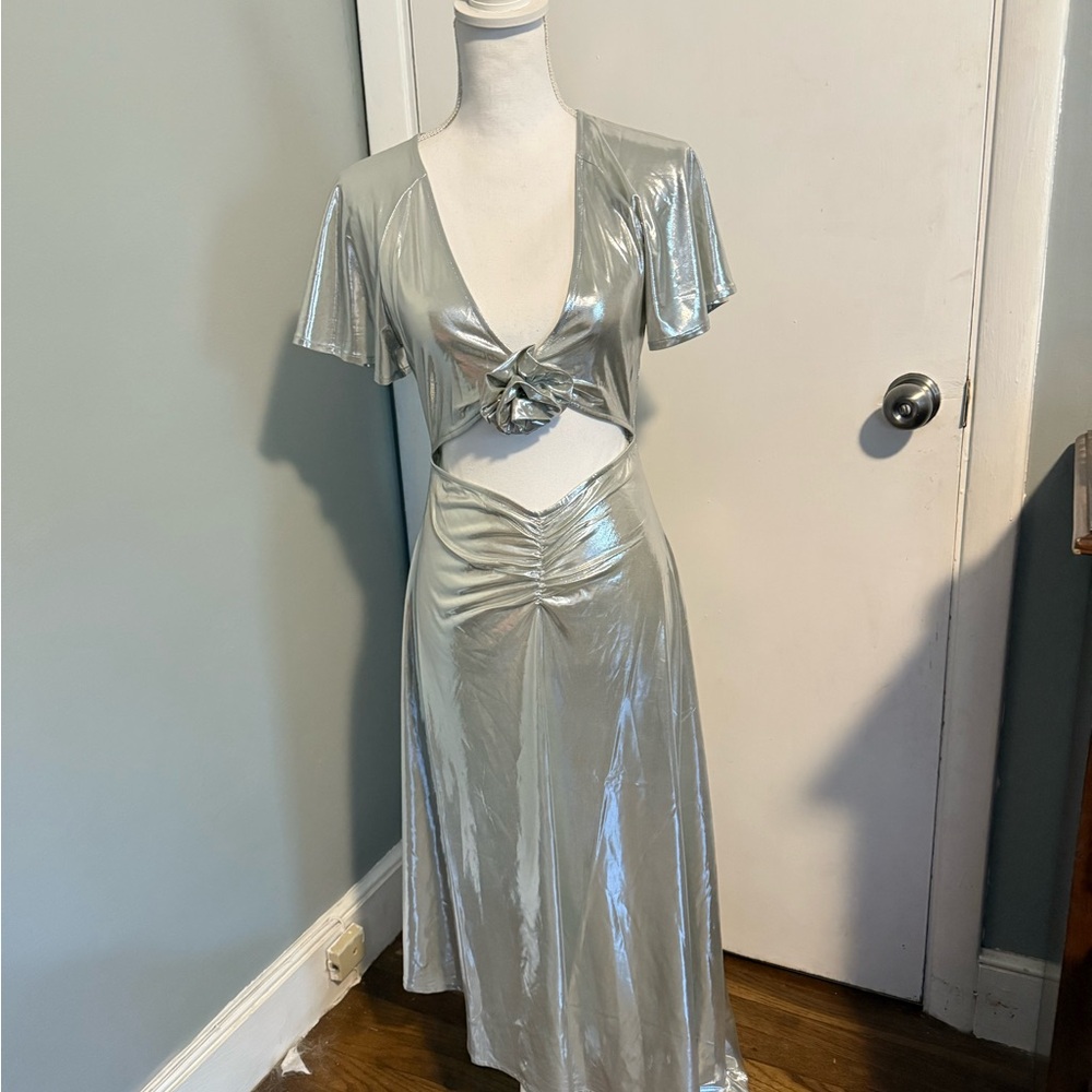 WEWOREWHAT Asymmetrical Cutout Foil Dress in Silver